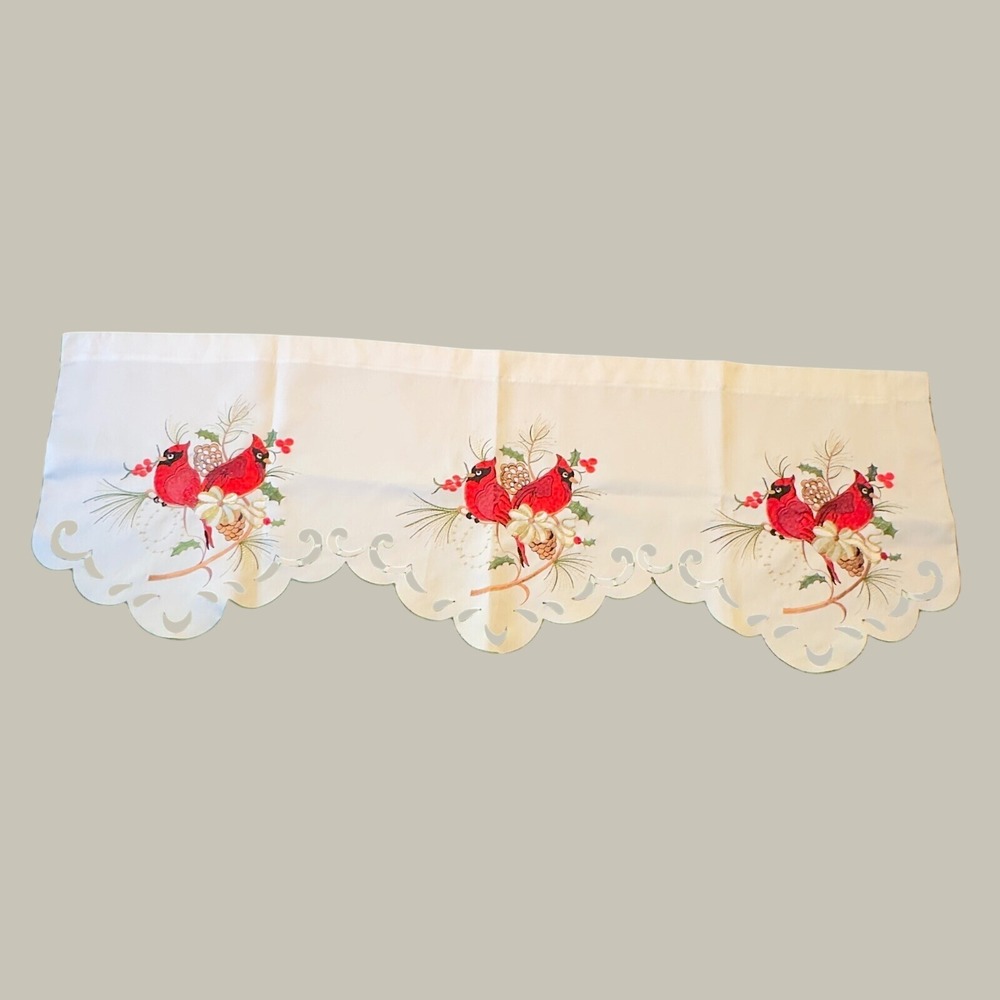 Embroidered Cardinal Christmas Window Valance Cream Red Gold 43x15 Holiday Decor
